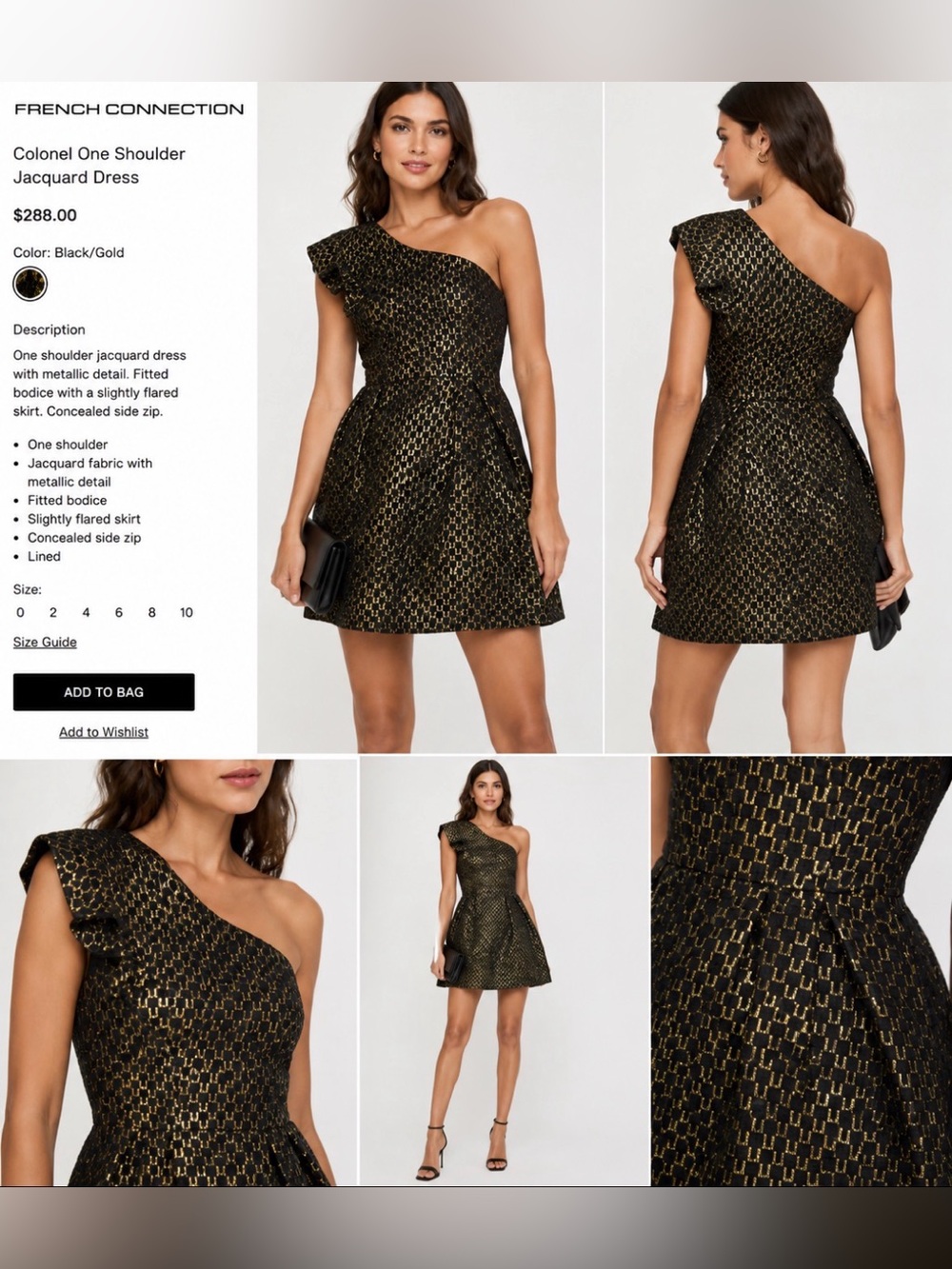 French Connection One-Shoulder Jacquard Black and Gold Mini Cocktail Dress